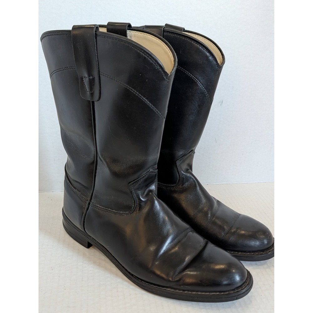 Vintage Made USA Black Leather Roper Western Boots Women's Size 7M Pull On